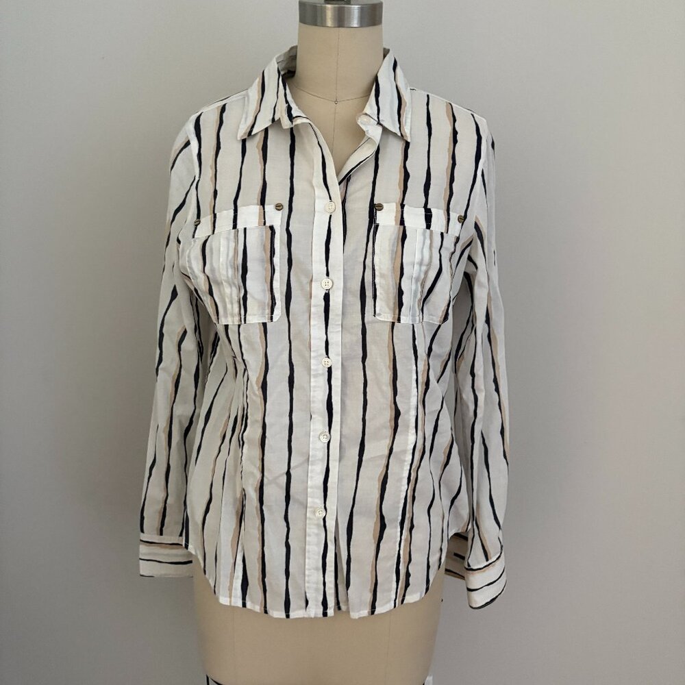 Michael Kors Wavy Print Cotton Button Up Shirt White Tan Black Office Chic S